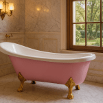 Bañera exenta rosa bicolor con patas doradas en baño retro de mármol blanco y ventanal de madera caoba