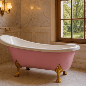 Bañera exenta rosa bicolor con patas doradas en baño retro de mármol blanco y ventanal de madera caoba